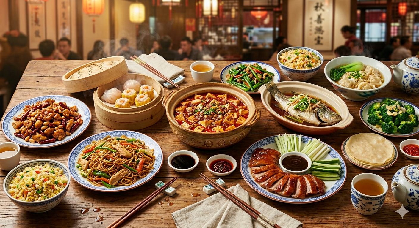 A spread of regional Chinese dishes representing the diversity of Chinese cuisine
