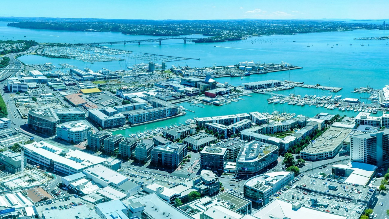 Aerial view of Auckland's Viaduct Harbour and Waitemata waterfront — learn Mandarin online from Auckland with WillyChina