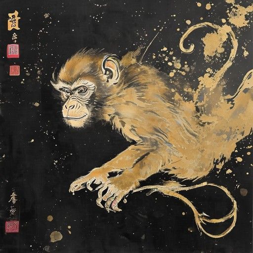 Chinese Zodiac Monkey — traditional ink wash illustration
