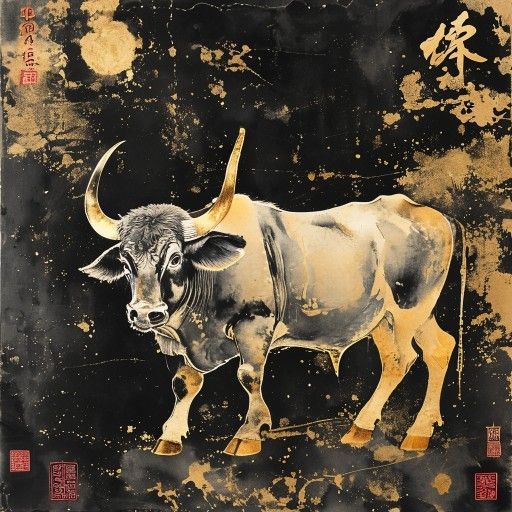 Chinese Zodiac Ox — traditional ink wash illustration