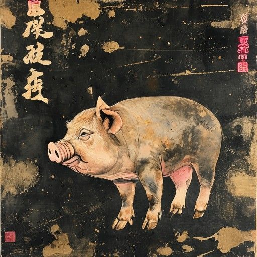 Chinese Zodiac Pig — traditional ink wash illustration