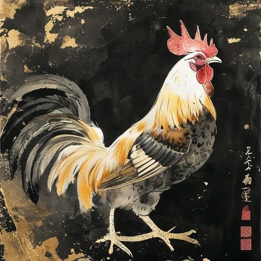 Chinese Zodiac Rooster — traditional ink wash illustration