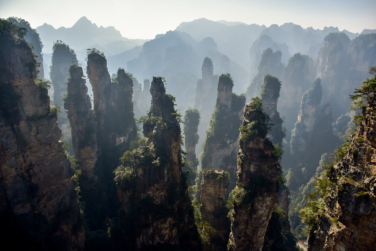 Towering grey sandstone rock pillars at Zhangjiajie, Hunan