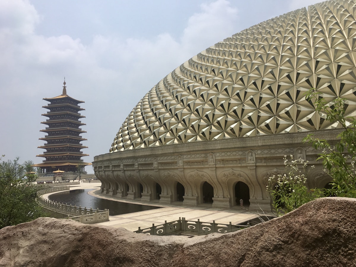 Ancient pagoda rising above rooftops in Nanjing, Jiangsu