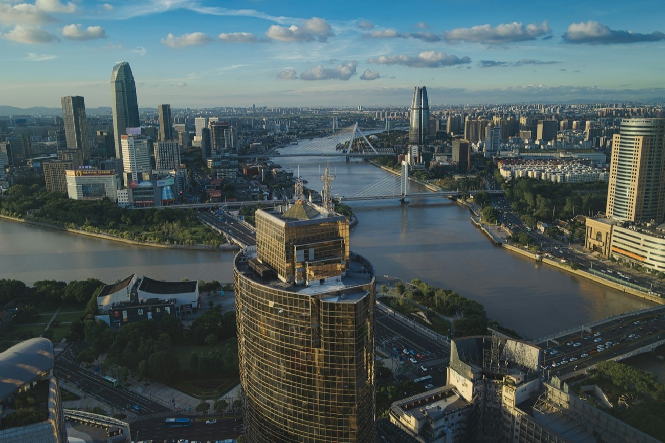 Aerial view of Ningbo where its three rivers meet