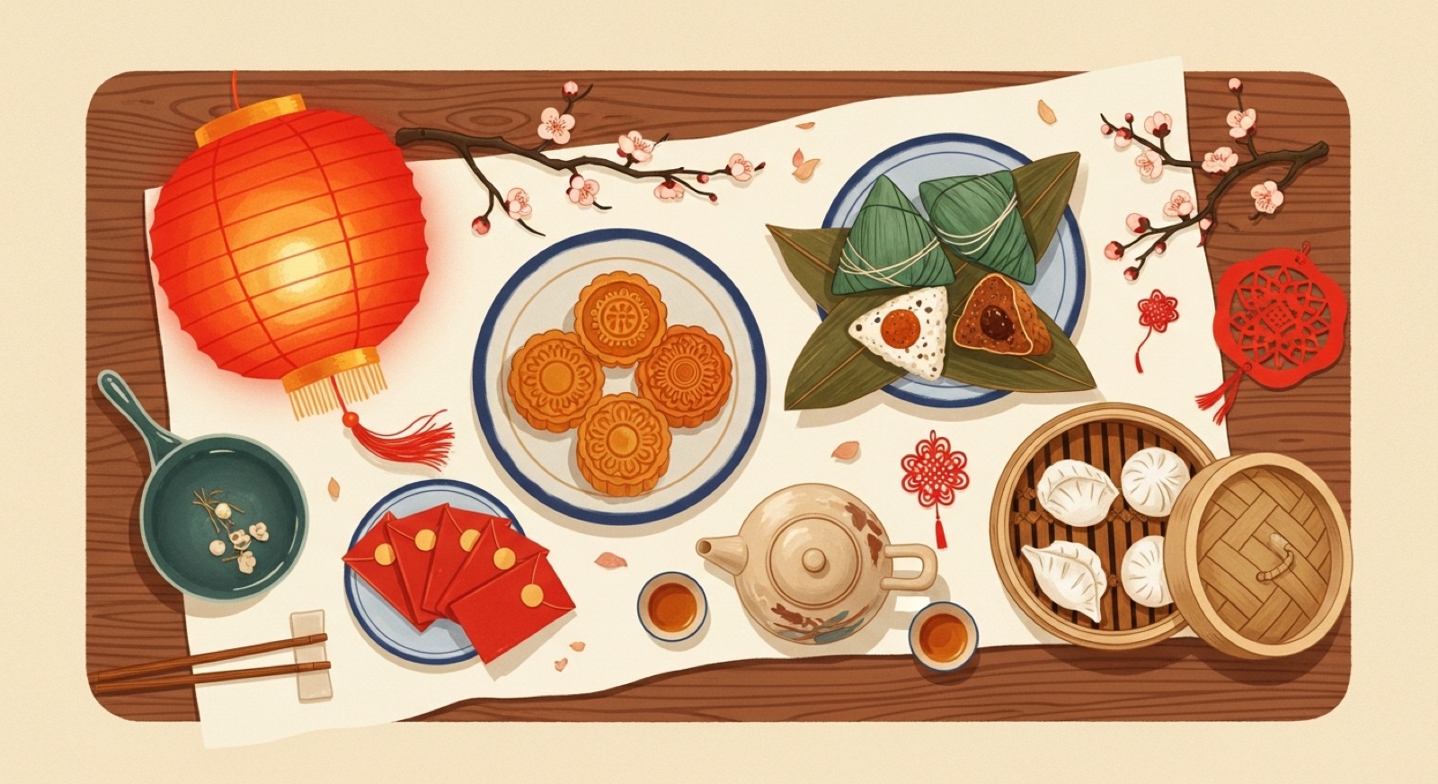 An illustrated flat-lay of Chinese festival treasures — a red lantern, mooncakes, zongzi, red packets, dumplings and tea