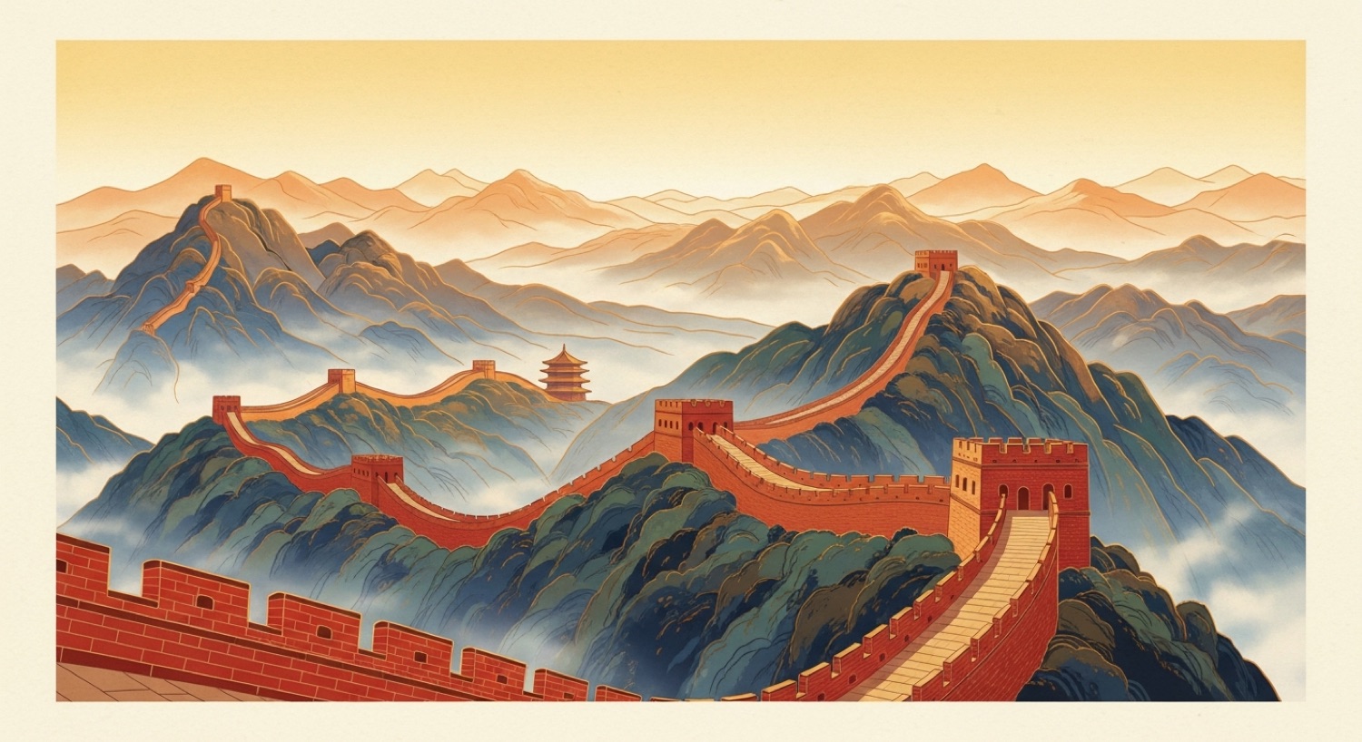 The Great Wall of China winding over misty mountains at dawn — the sweep of Chinese history