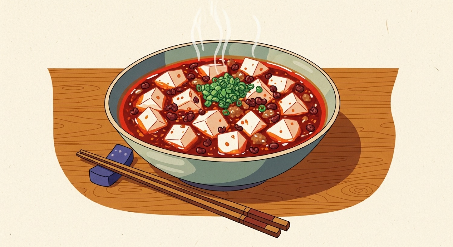 A bowl of Sichuan mapo tofu — silky white tofu cubes in a glossy red chilli-bean sauce, topped with green spring onion and Sichuan peppercorns