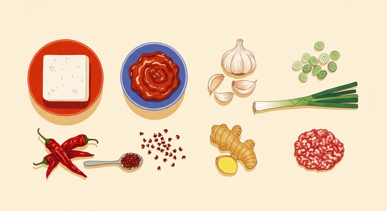 Flat-lay of mapo tofu ingredients — tofu, doubanjiang, dried chillies, Sichuan peppercorns, garlic, ginger, spring onion and minced meat