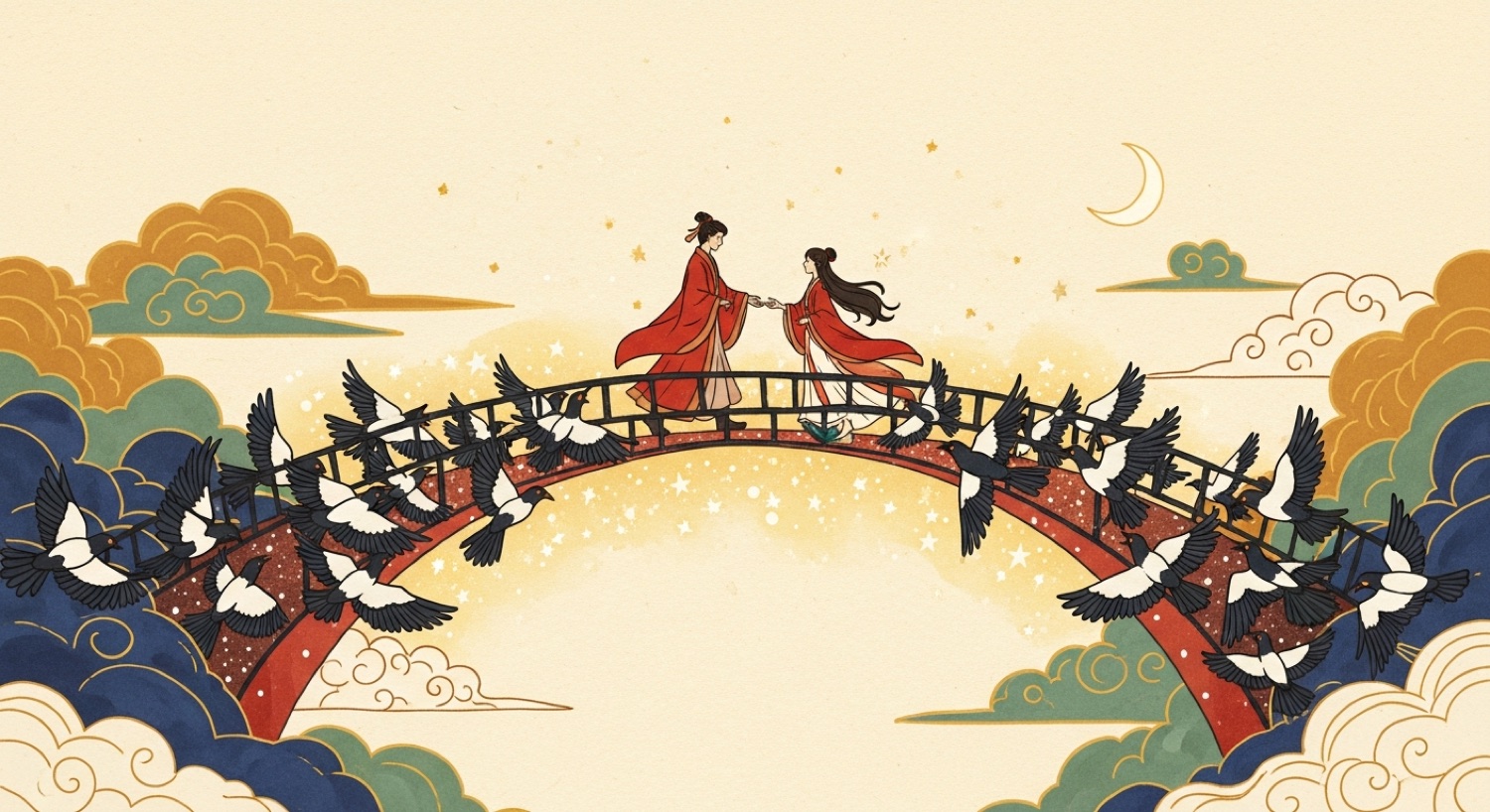 The Cowherd and Weaver Girl reunite on a bridge of magpies across the Milky Way — the Qixi legend
