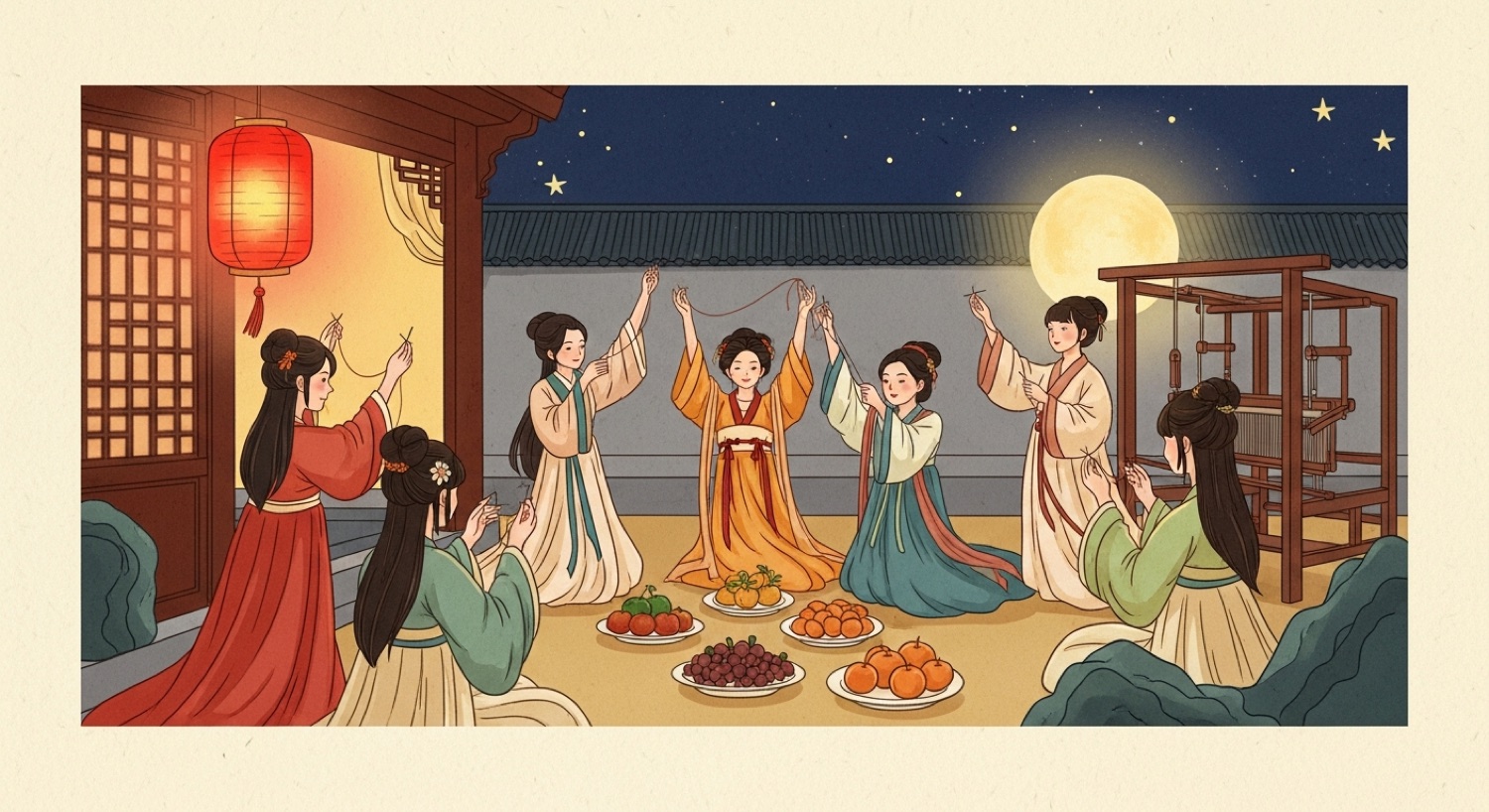 Young women praying to the Weaver Girl under the moon with fruit offerings — the Qixi custom of begging for skills