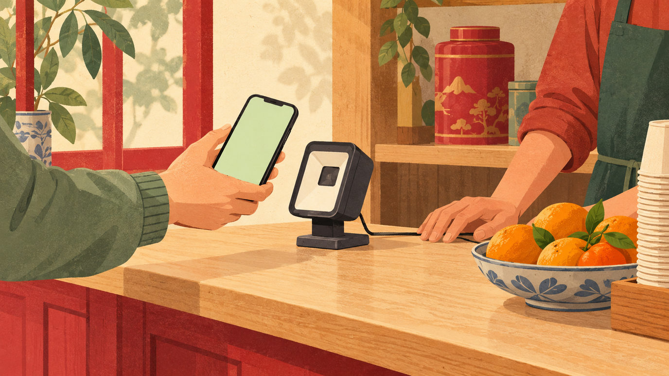 WeChat Pay and Alipay for foreigners — a hand holds a phone up to a countertop scanner at a Chinese shop counter, while the shopkeeper’s hand rests on the timber beside a bowl of oranges and a stack of cups.
