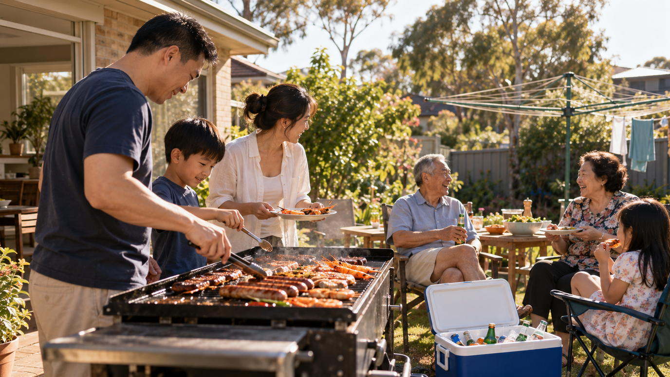 A Chinese Australian family around a backyard barbecue on a summer afternoon, a hotplate of prawns and sausages, gum trees and a Hills hoist behind.