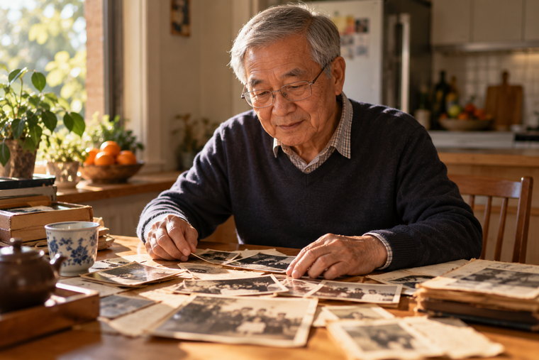 An older Chinese Australian man at a kitchen table, hands resting on a spread of old family photographs.