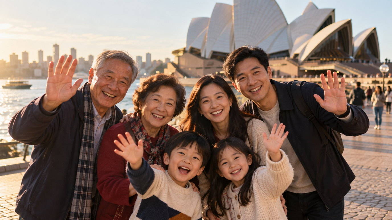 Three generations of Chinese Australians in front of the Sydney Opera House, smiling and waving, the harbour behind them in late afternoon light.