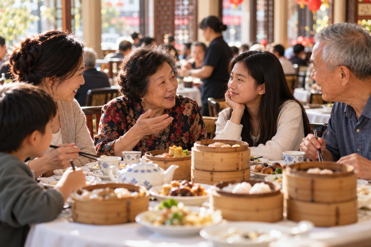 Three generations of Chinese Australians at a yum cha table, a grandmother mid-sentence to her granddaughter.