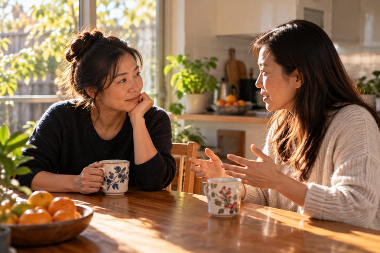 Two Chinese Australian women at a kitchen table with mugs of tea, one talking with her hands while the other listens.
