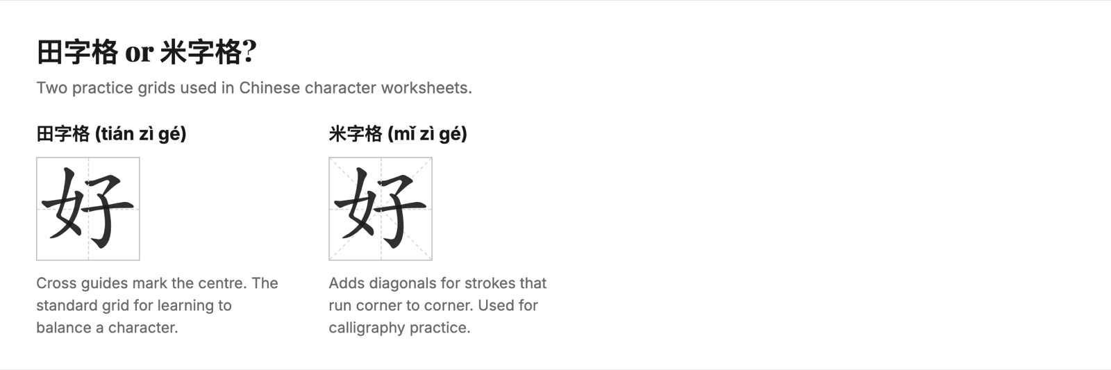 Tian zi ge and mi zi ge practice grids compared using the character 好 hǎo