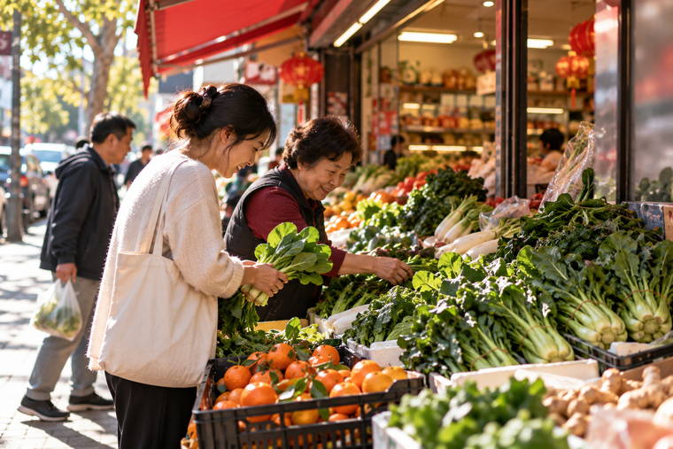 A Chinese grocer in an Australian suburb, crates of greens and mandarins on the footpath, two shoppers choosing bok choy.