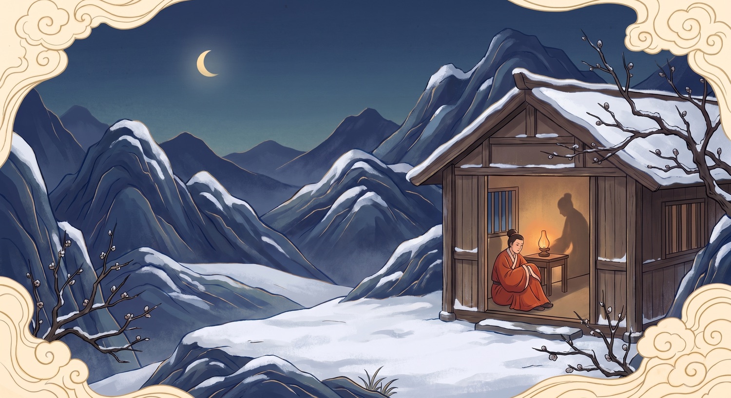 Winter Solstice (冬至) — a traveller alone by lamplight in a snowbound roadside post-house, his shadow thrown across the wall, blue-green peaks beyond