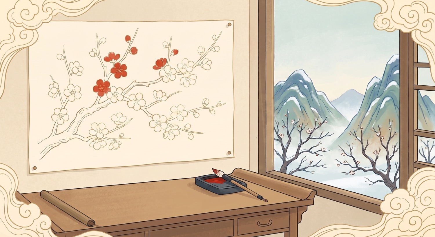 A hand-drawn plum branch pinned above a scholar's desk, some blossoms inked red and the rest still blank outlines, with brush and inkstone below