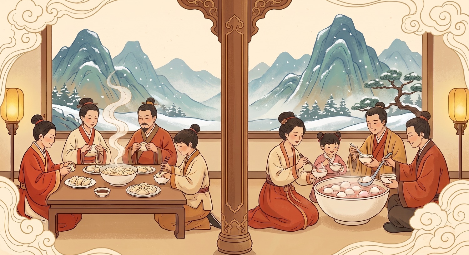 A single interior divided by a pillar: a northern family folding and eating dumplings on one side, a southern family serving sweet glutinous rice balls on the other