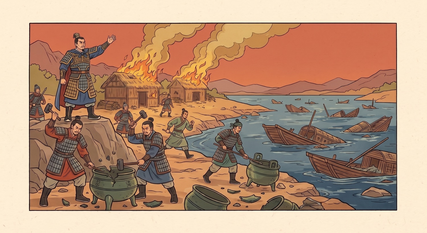 破釜沉舟 (pò fǔ chén zhōu): soldiers on a riverbank smashing bronze cauldrons while troop boats sink and thatched huts burn behind them