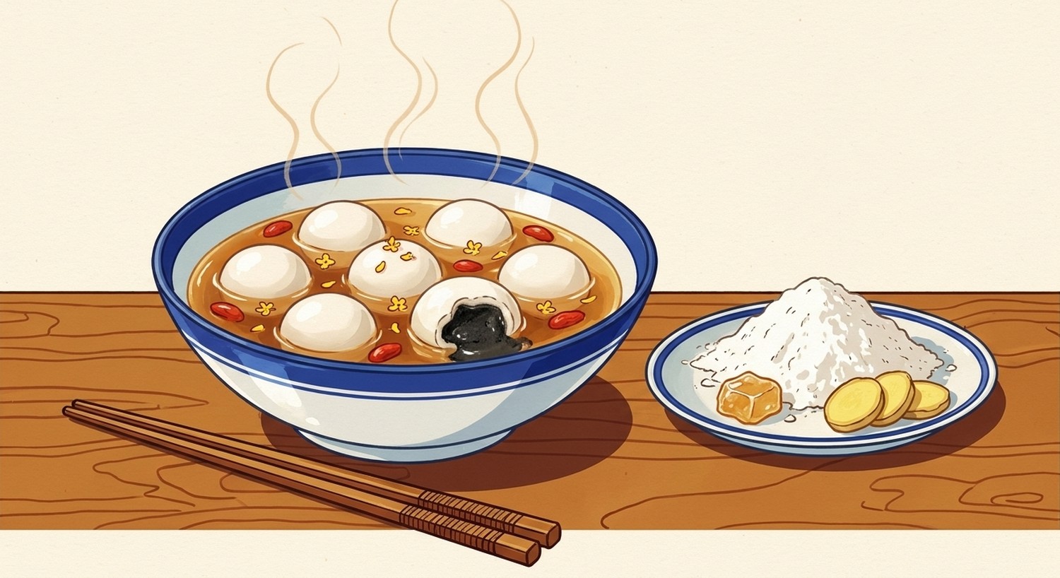 A bowl of white tangyuan in clear amber ginger soup with osmanthus and goji berries, one ball broken open showing its black sesame filling, beside a plate of glutinous rice flour and sliced ginger