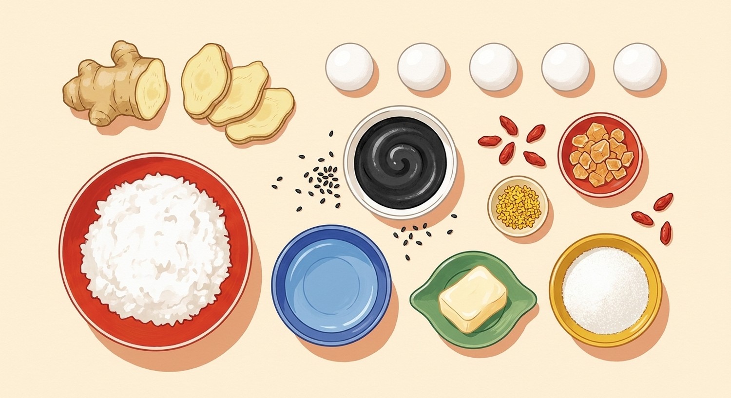 Overhead flat-lay of tangyuan ingredients — glutinous rice flour, water, black sesame paste and seeds, lard, sugar, rock sugar, osmanthus, goji berries, fresh ginger and finished rice balls