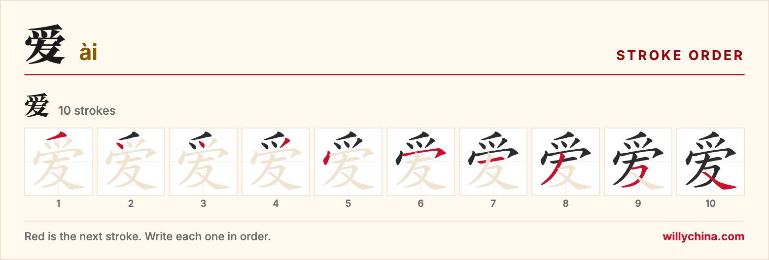 爱 (ài) stroke order chart: each stroke of the character in the order you write it