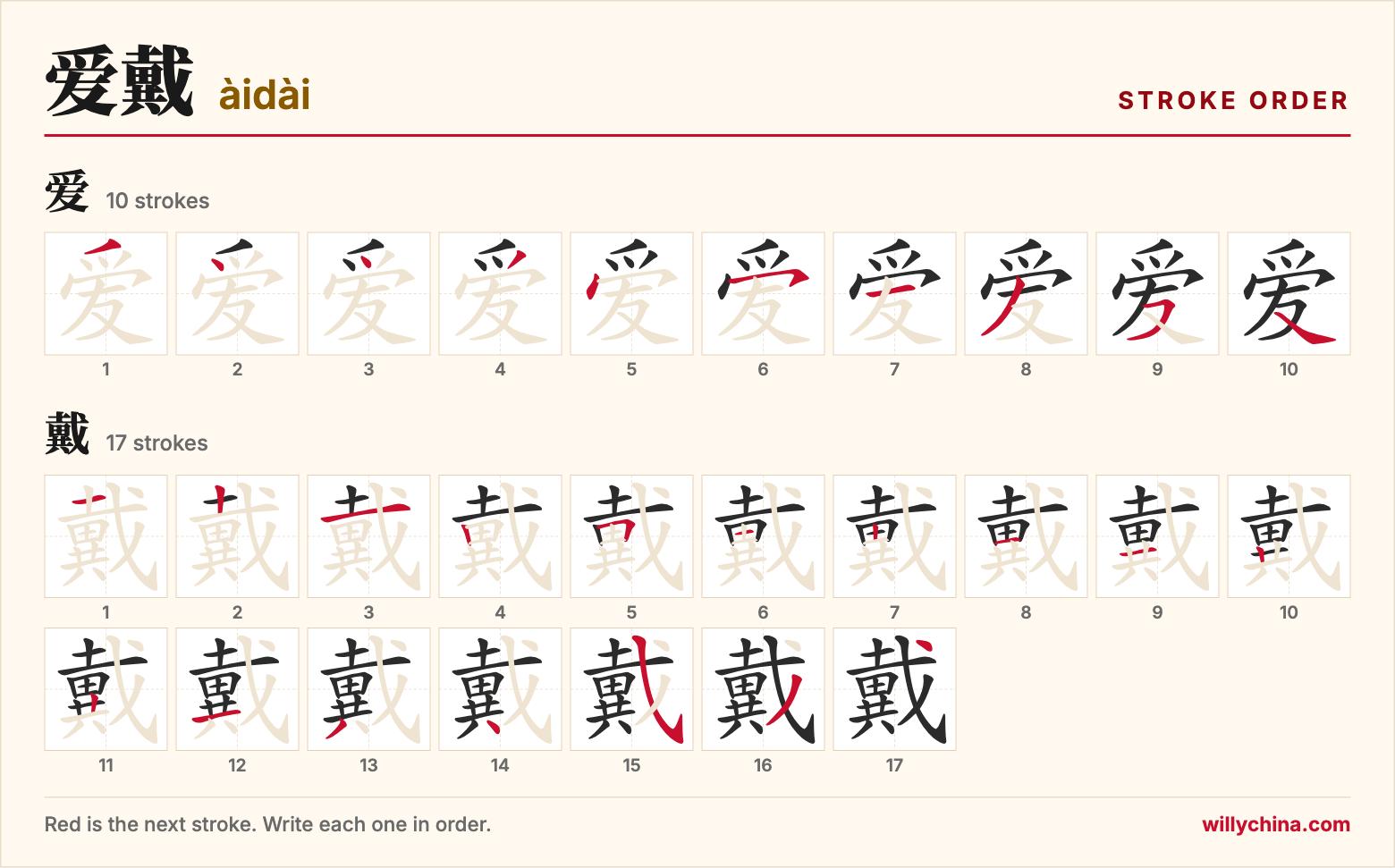 爱戴 (àidài) stroke order chart: each stroke of the characters in the order you write them