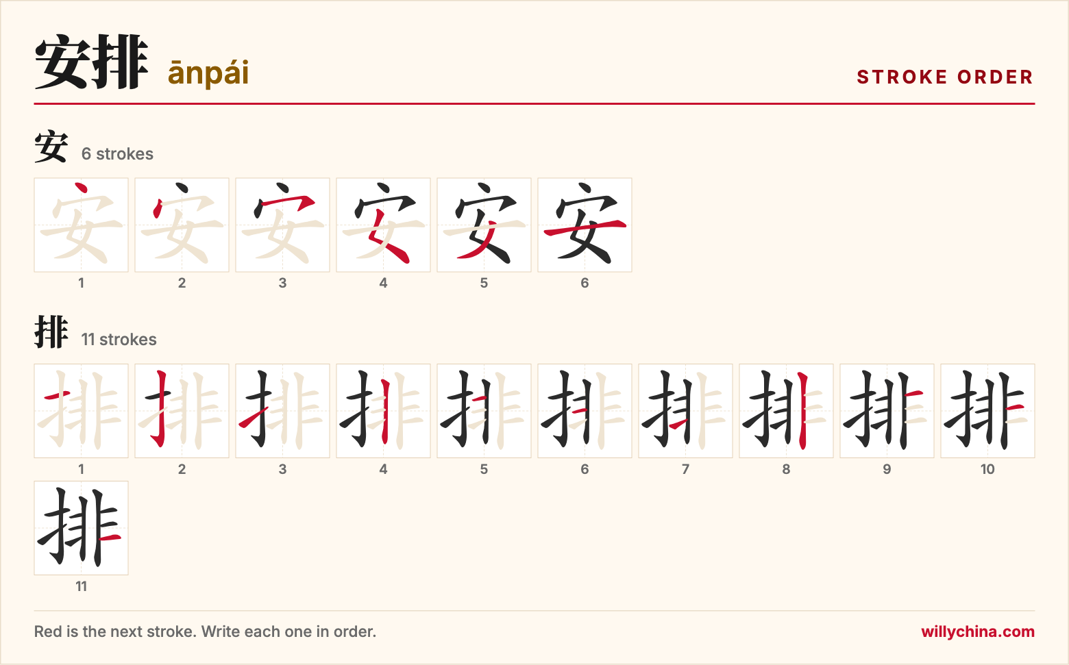 安排 (ānpái) stroke order chart: each stroke of the characters in the order you write them