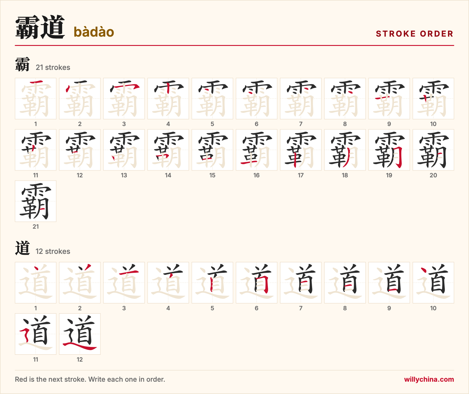 霸道 (bàdào) stroke order chart: each stroke of the characters in the order you write them