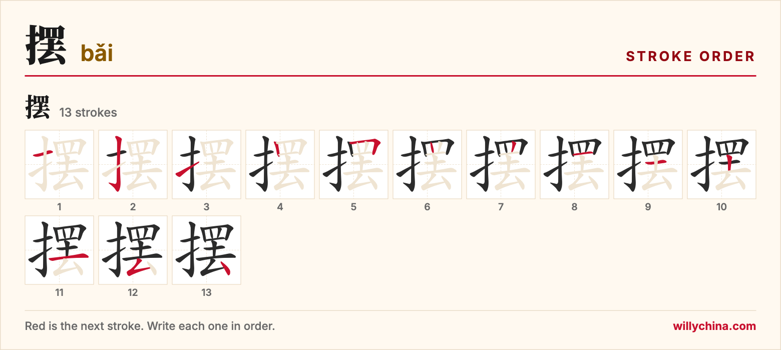 摆 (bǎi) stroke order chart: each stroke of the character in the order you write it