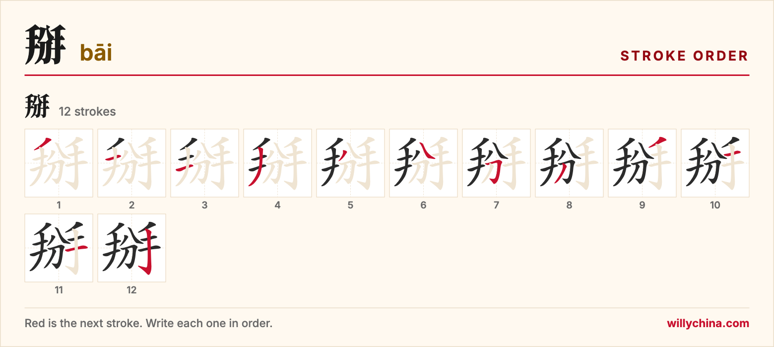 掰 (bāi) stroke order chart: each stroke of the character in the order you write it