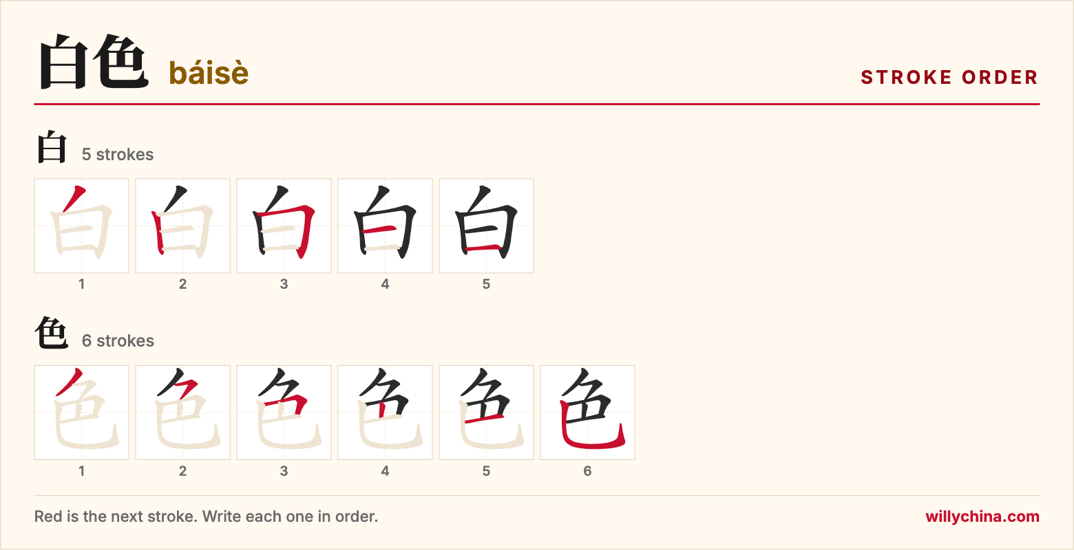 白色 (báisè) stroke order chart: each stroke of the characters in the order you write them