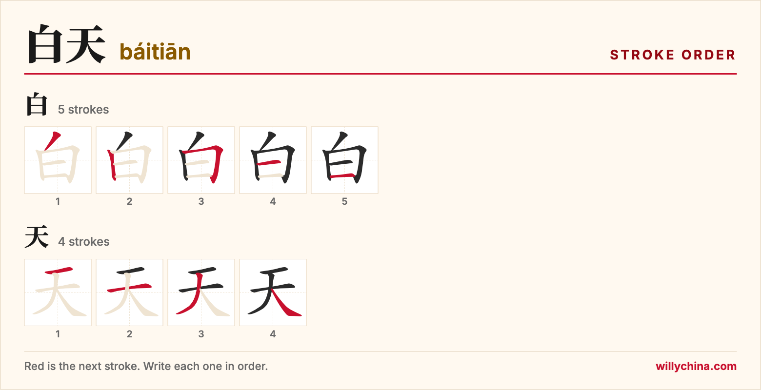 白天 (báitiān) stroke order chart: each stroke of the characters in the order you write them