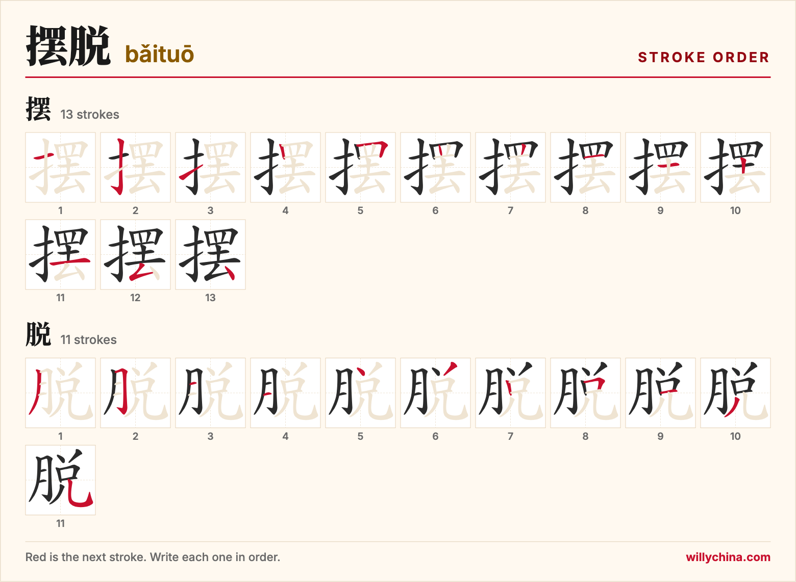 摆脱 (bǎituō) stroke order chart: each stroke of the characters in the order you write them