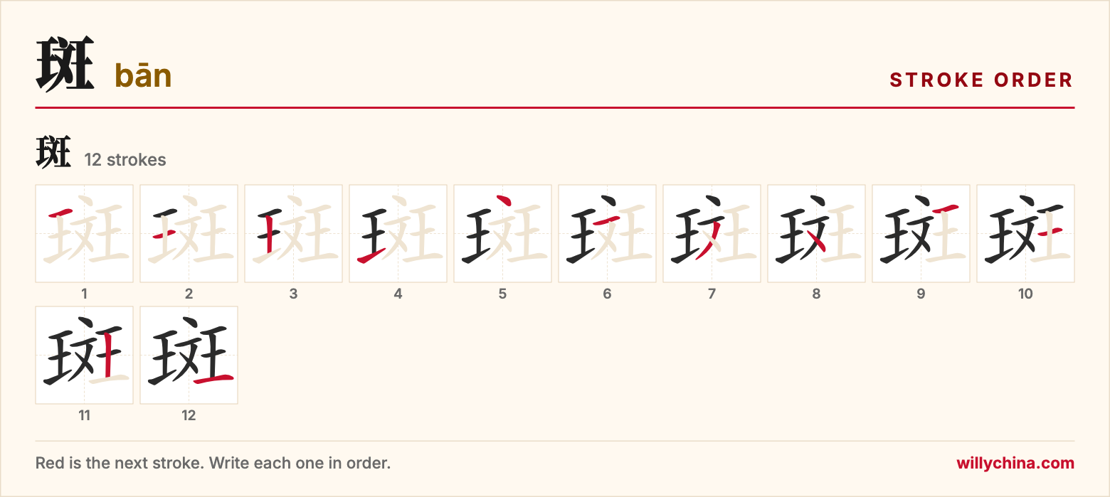 斑 (bān) stroke order chart: each stroke of the character in the order you write it