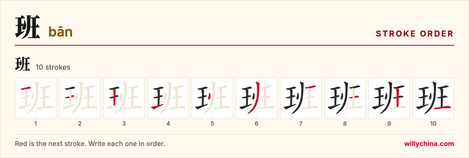 班 (bān) stroke order chart: each stroke of the character in the order you write it