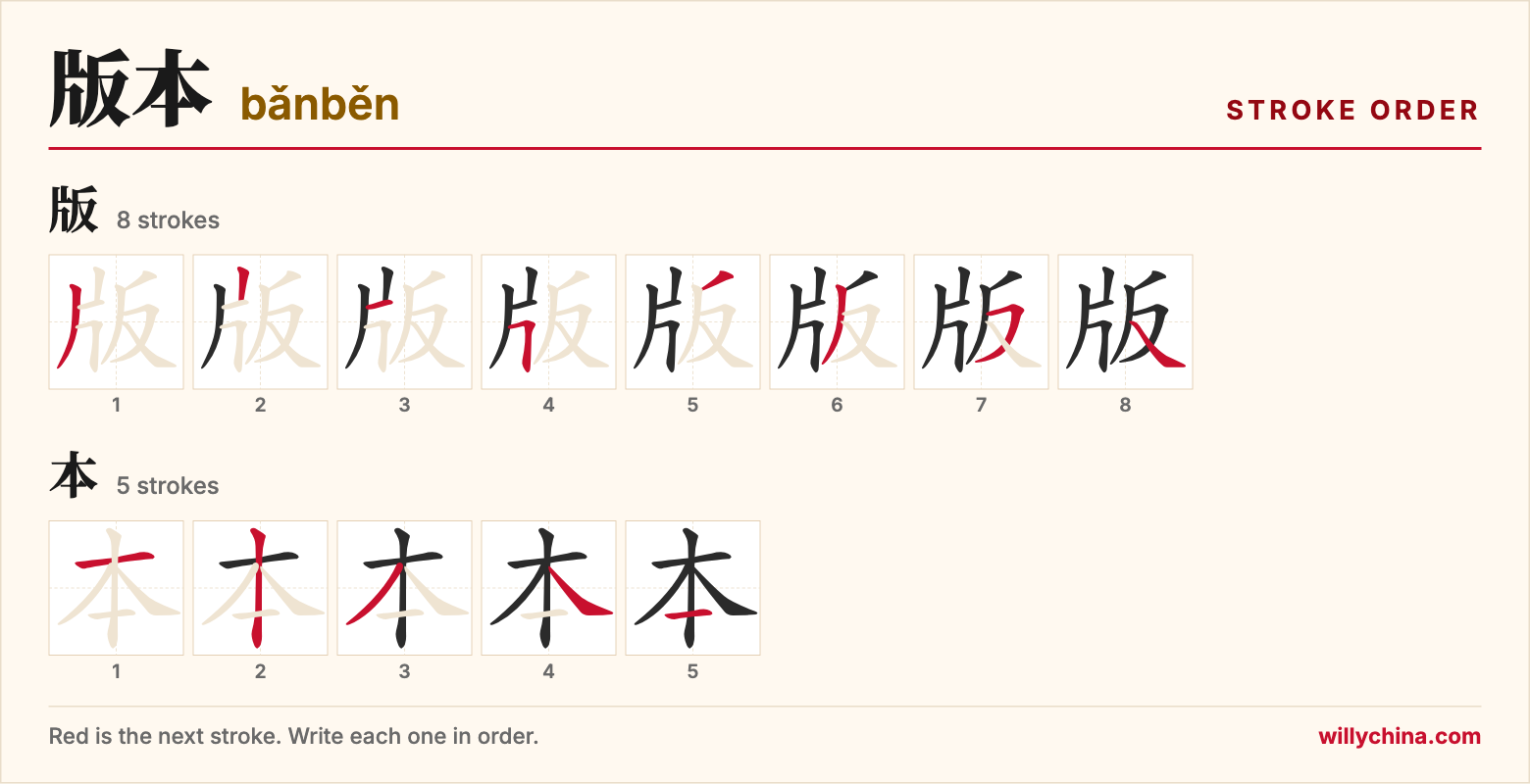 版本 (bǎnběn) stroke order chart: each stroke of the characters in the order you write them