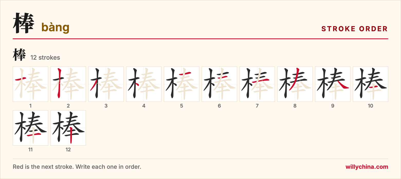 棒 (bàng) stroke order chart: each stroke of the character in the order you write it