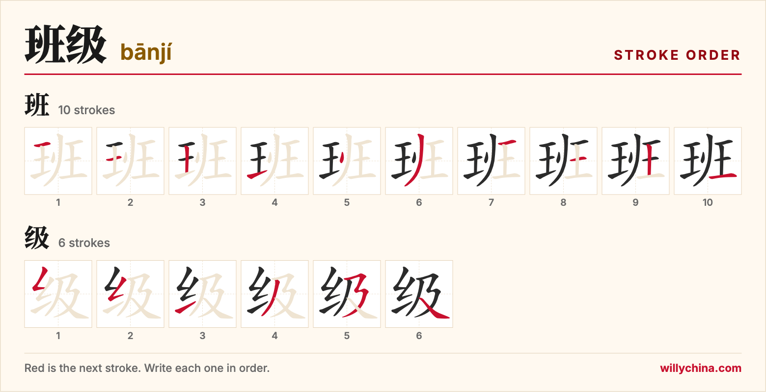 班级 (bānjí) stroke order chart: each stroke of the characters in the order you write them