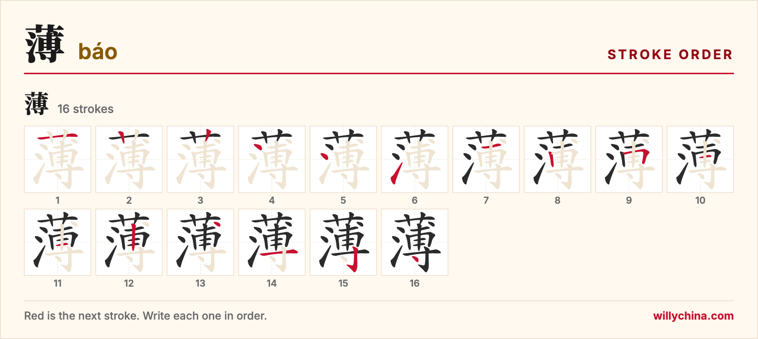 薄 (báo) stroke order chart: each stroke of the character in the order you write it
