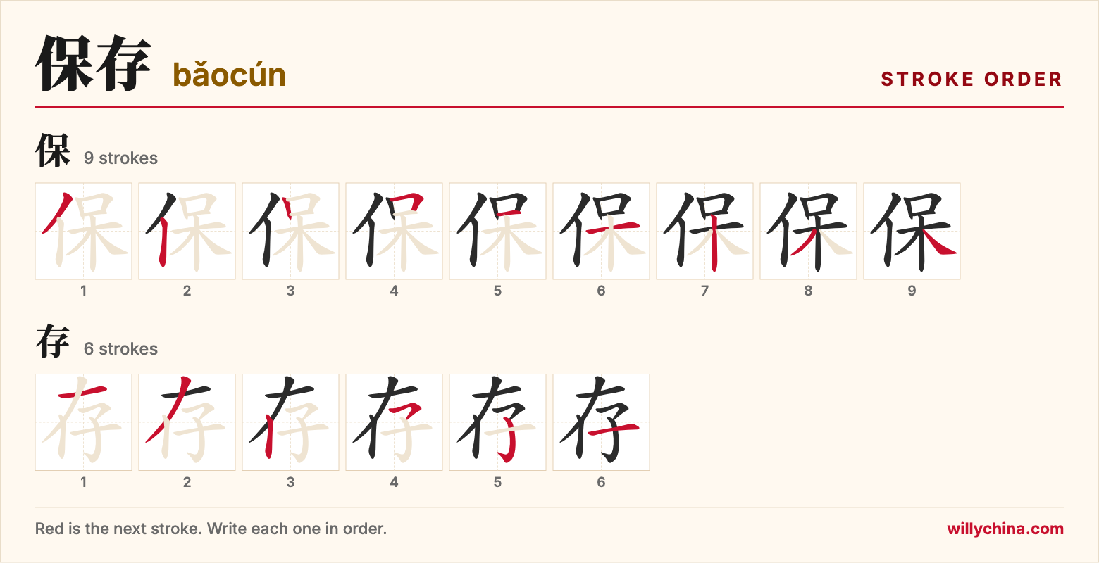 保存 (bǎocún) stroke order chart: each stroke of the characters in the order you write them