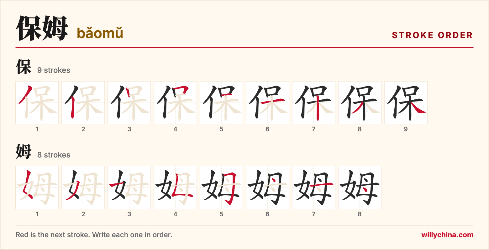 保姆 (bǎomǔ) stroke order chart: each stroke of the characters in the order you write them