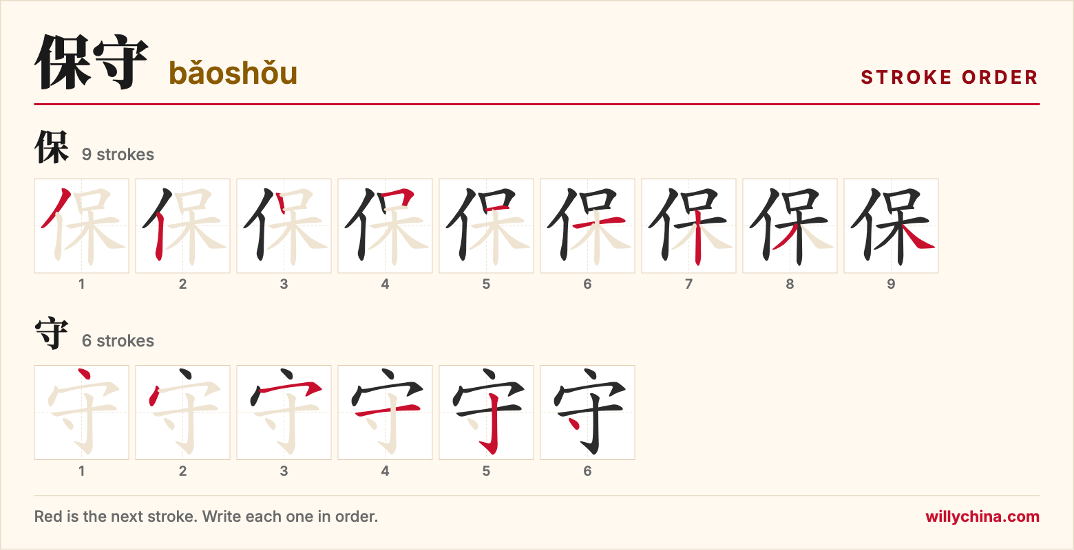 保守 (bǎoshǒu) stroke order chart: each stroke of the characters in the order you write them
