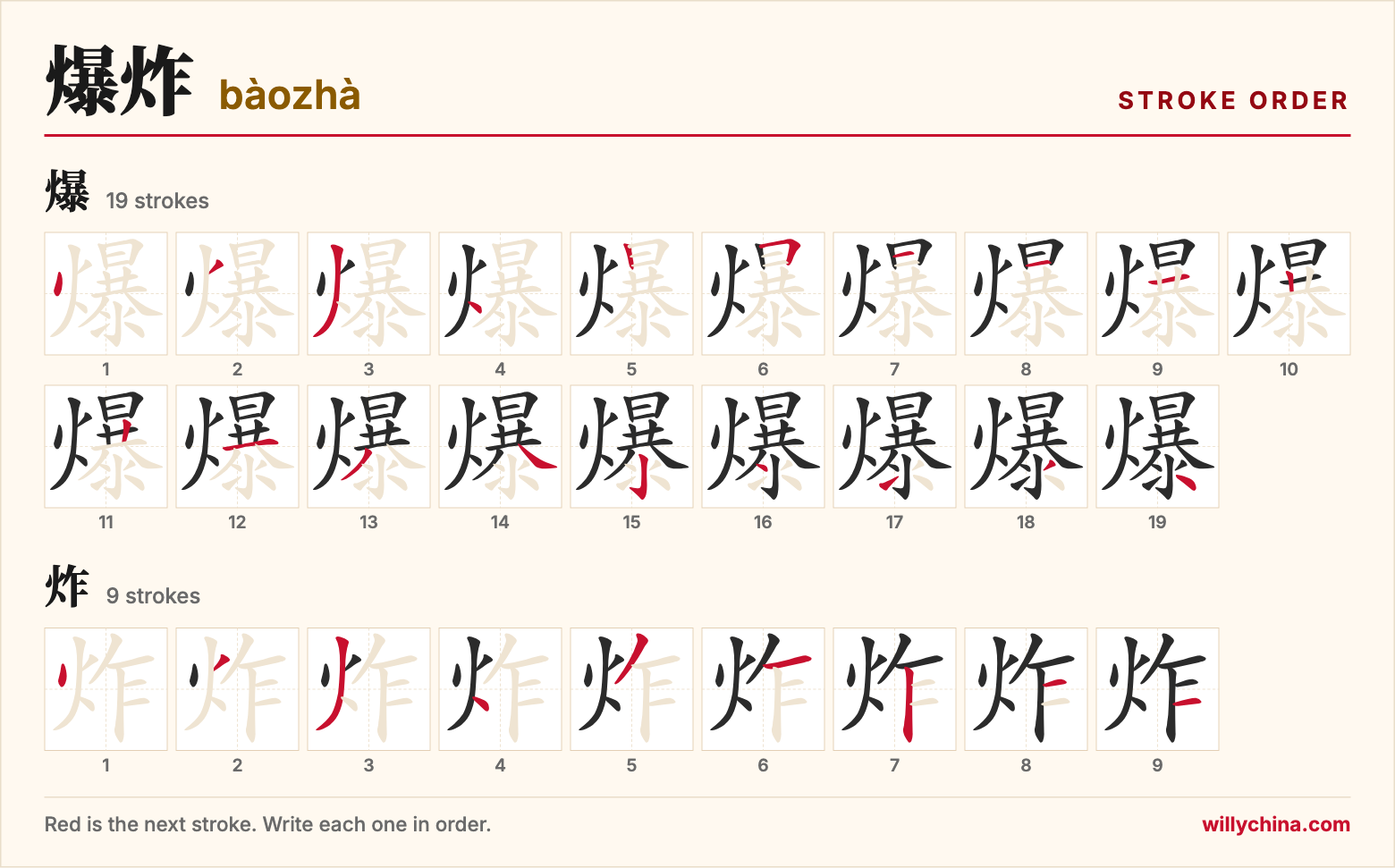爆炸 (bàozhà) stroke order chart: each stroke of the characters in the order you write them
