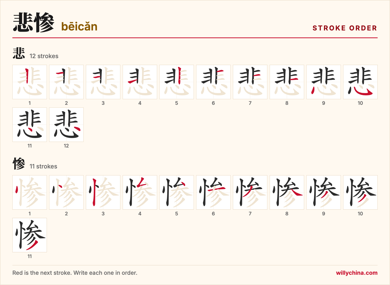 悲惨 (bēicǎn) stroke order chart: each stroke of the characters in the order you write them