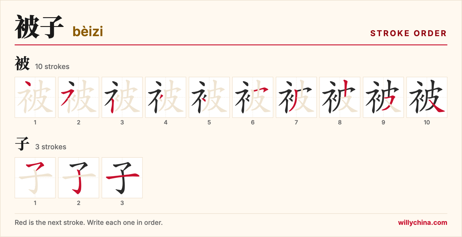 被子 (bèizi) stroke order chart: each stroke of the characters in the order you write them